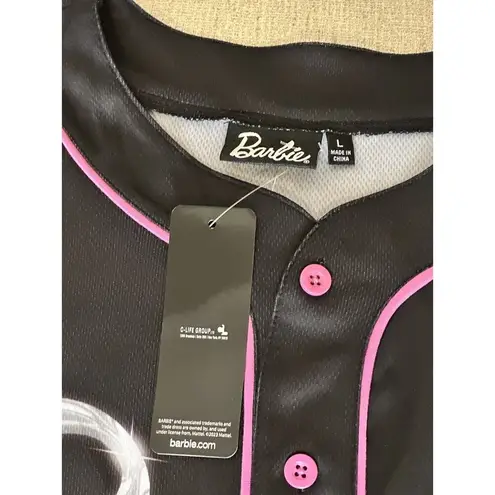 BARBIE Baseball Jersey Top Pink Black Rise & Shine Button Up Shirt Mattel Large