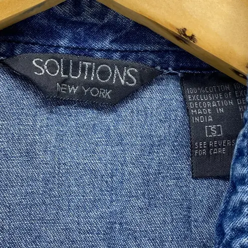 Solutions New York Denim Sleeveless Shirt Beach Embroidery Button Up S Blue