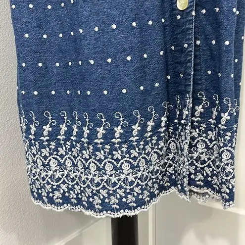 Vintage 90s GTG Small Blue Denim Midi Short Sleeve Momcore Dress w/Pockets