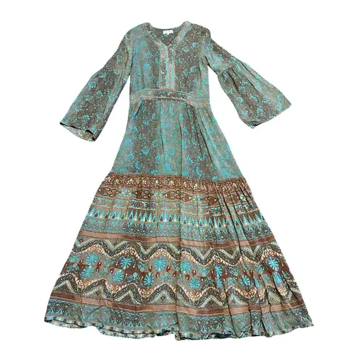 SweetSalt Long Length Bohemian Boho Maxi Dress Fall Colors Bell Sleeves Size 4 Blue