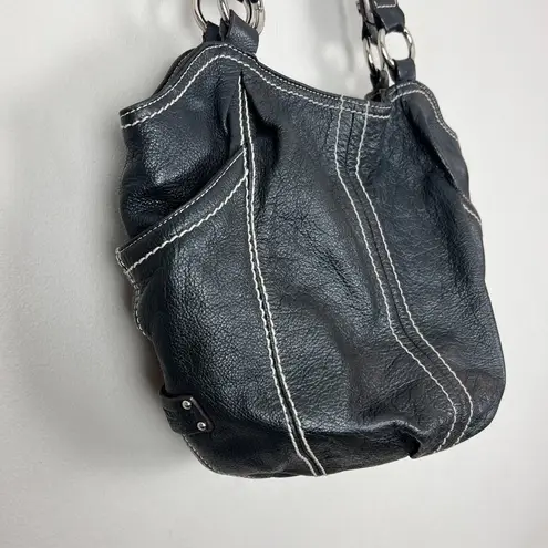 Tignanello Leather Shoulder Bag Black Silver Pebbled Zip Magnet Snap Everyday