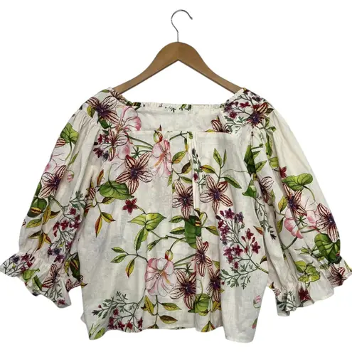 Christian Siriano Top Womens Large Floral Linen Blend Peasant Boho Festival