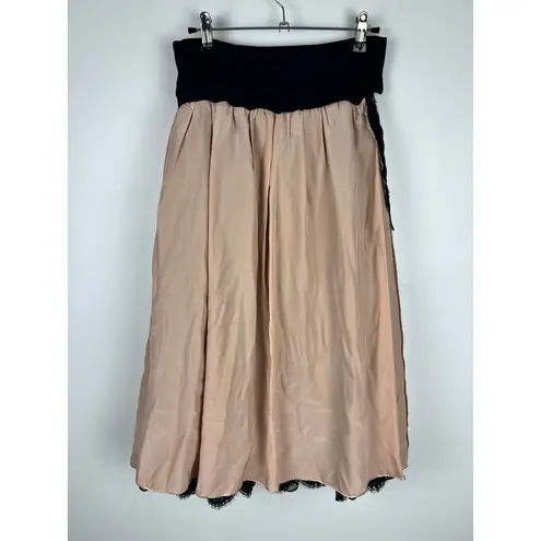 Black Lace Midi Skirt Lined Tiered Ruffle Hem Elastic Waist Size XS