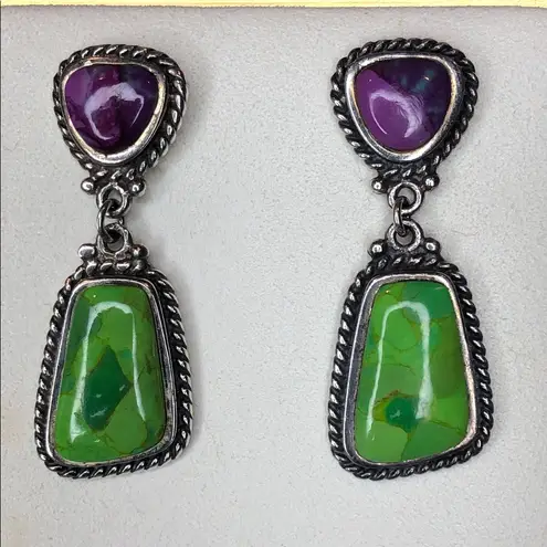 BARSE Sterling Silver Purple and Green Turquoise Cabochon Drop Earrings