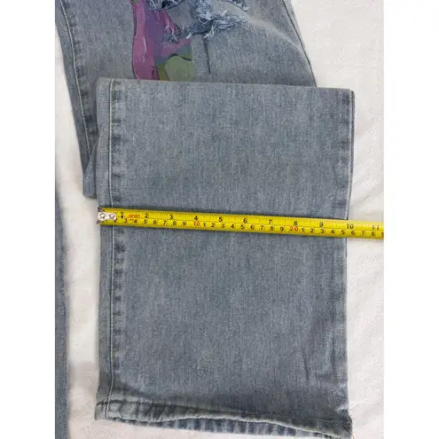 Distressed Graphic Jeans Ripped Mom Jeans High Waist Denim Pants L Blue Size 12