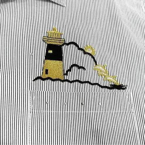 Las Olas Vintage Nautical Embroidered & Embellished Button Down Striped Shirt
