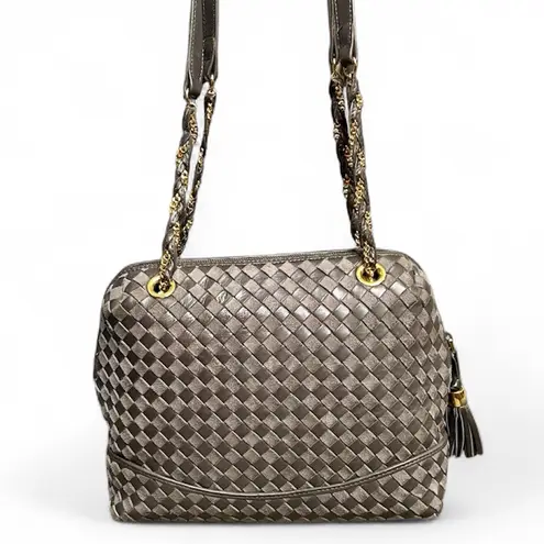 Bally Gray Woven Leather & Suede Vintage Intrecciato Double Strap Shoulder Bag
