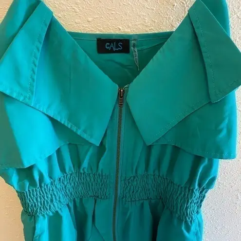 Cals Green Adjustable Spaghetti Strap Full Zip Smocked Waist Dress Pockets Sz M