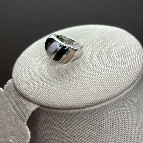 Artisan Sterling Silver 925 Mother of Pearl Onyx Inlay Ring Wide Band Boho 6.5