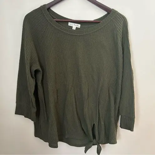 Nine Britton Top Waffle Knit Olive Green 3/4 Sleeve Tie Front Crewneck Neutral
