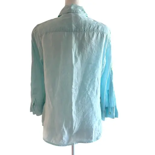 Talbots  Irish Linen Blouse Medium Turquoise 3/4 sleeve Shirt Top Button Front