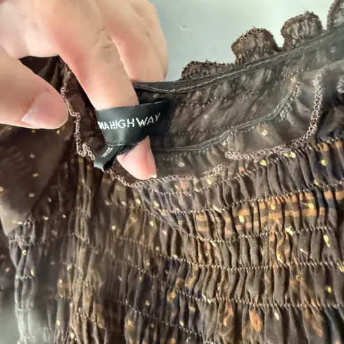 Karma Highway Brown Peasant Top Gold Dot Sheer Smocked Square Neck Medium