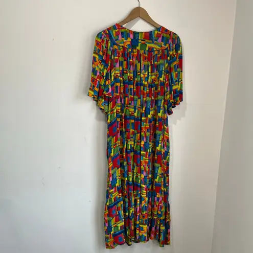 70s Saybury India Cotton Kaftan Tent Dress Gypsy Boho Mumu Pockets Sz M Blue Size M
