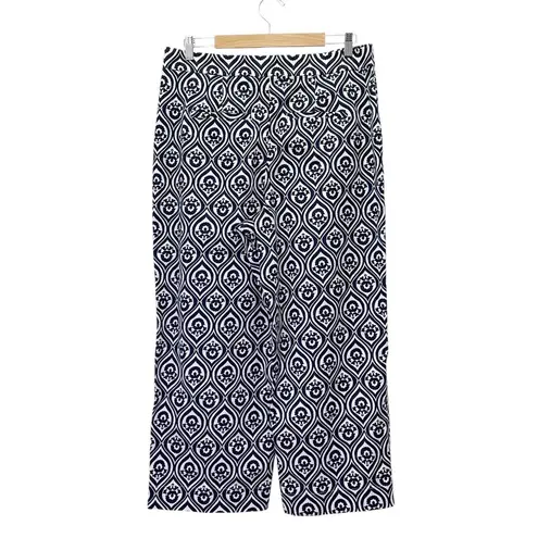 Boden Printed Crop Pants Size US 12 Geo Cascade Navy High Rise Wide Leg Trousers Blue