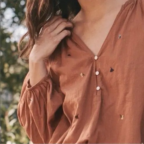 The Great Derby Embroidered Blouse Women’s Size 0 Brown Cider Puff Sleeve Floral