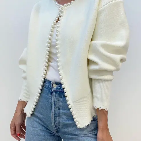 Commense Pearl Trim Ripped Hem Cardigan size large White
