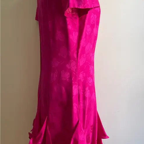 Vintage 80s Hot Pink Silk Studio Midi Dress Jacquard Short Sleeve Floral 8