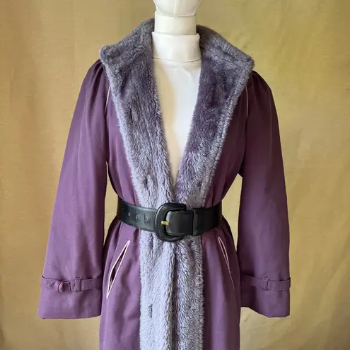 Vintage 70s Purple Faux Fur Trim Maxi Coat Quilted Lining Longline Jacket M Size M