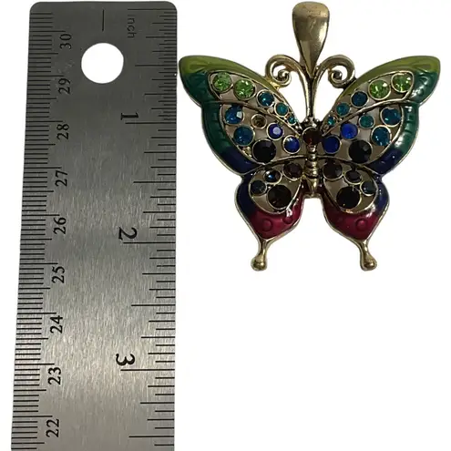 Multi Colored Enamel Gold Tone Butterfly with Multi Colored Rhinestone Pendant