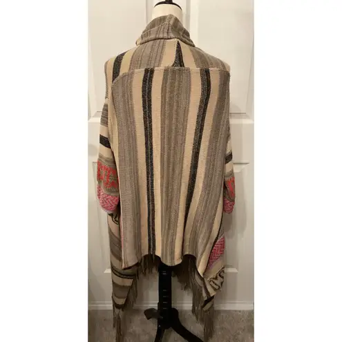 Goddis Knitwear Kita Aztec Bohemian Striped Hooded Fringe Sweater/Poncho,S/M