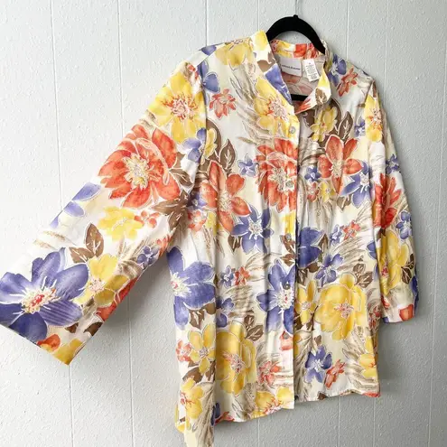 Alfred Dunner Womens Shirt 12 Floral Mesh Cottagecore Barn Country Coastal Beach Yellow