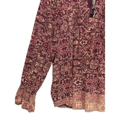 Lucky Brand  Boho Floral Paisley BabydollTop 1X‎ Maroon Tassel Tie Peasant Hippie