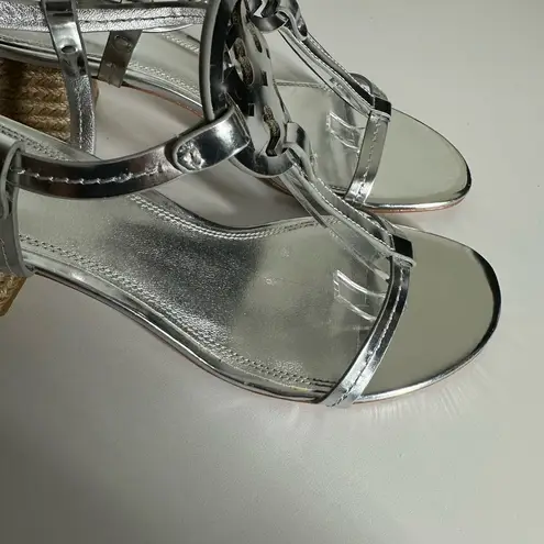 Tory Burch  Miller Silver Metallic Espadrille Wedge Heel Sandals Size 9.5