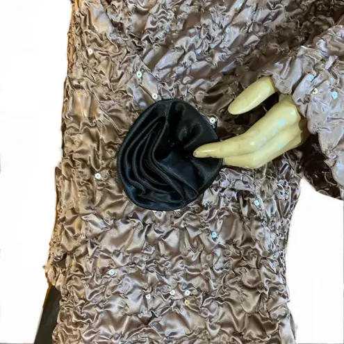 CACHET TAUPE & BLACK CRINKLED COCKTAIL TOP W/SEQUINS AND BLACK ROSETTE (3X) Brown