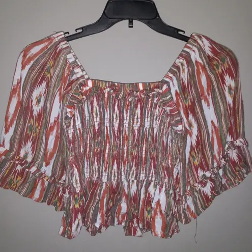 Rocking C M Western Smocked Tribal Print Cowgirl Crop Top Orange Size M