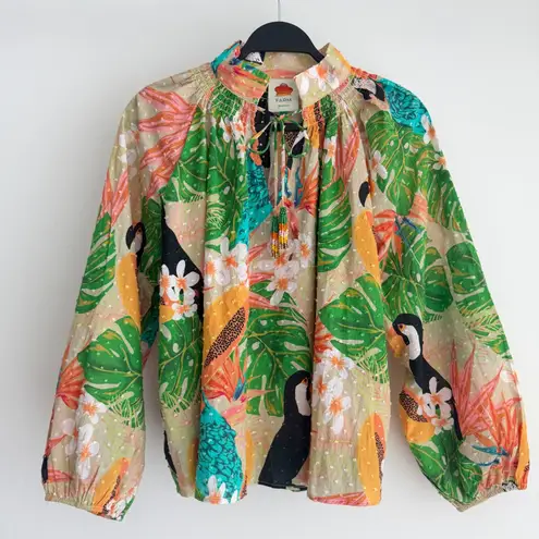 Farm Rio Blouse XS Beach Palm Floral Toucan Tropical Peasant Balloon Sleeve