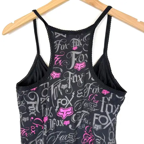 Vintage Y2K Fox Racing black tank top with grey and pink graphics AOP Size XL