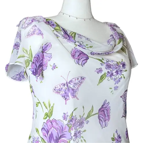 Vintage 90s Y2K White Purple Floral Butterfly Fairycore Top Large Easter Pastel