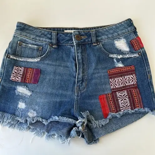 PacSun BULLHEAD Denim Co. Distressed Boho Patchwork‎ Denim Mom Short | Size: 7 Blue Size undefined