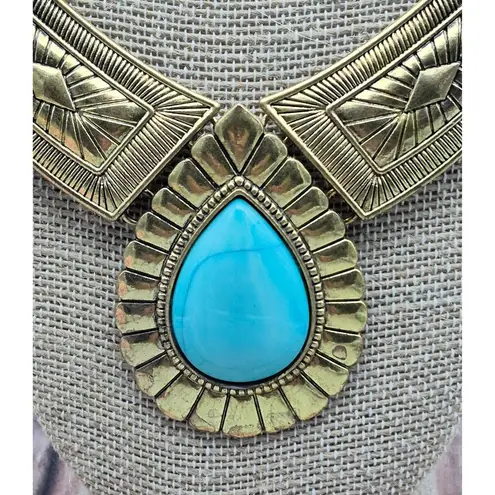 None NWOT Gold Tone & Faux Turquoise Teardrop Bib Collar Necklace Southwestern 22"