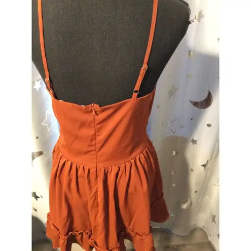 Cider Medium V Neck Spaghetti Strap Baby Doll Ruffled Top Rust Brown Crochet