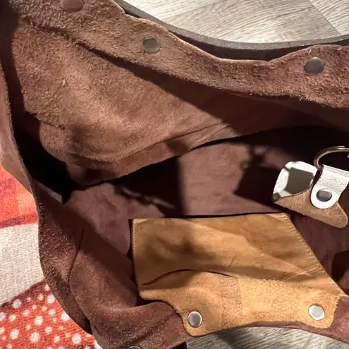 Leather Dean Bag Teardrop Round Handle Hobo Boho Two Tone Hippie Western Medium Brown