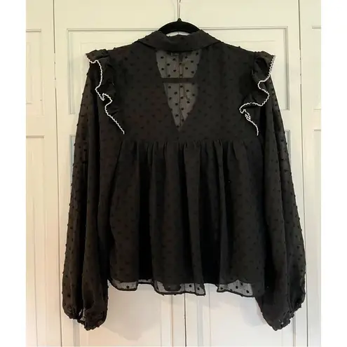 Free The Roses  NWT black ruffled Swiss dot blouse