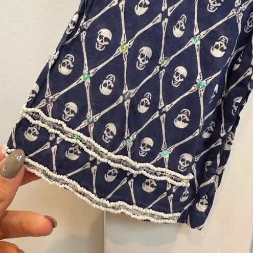 Letarte Skull Tunic Coverup Dress Navy Blue Sequin Bead 3/4 Sleeve Blouse Size S White