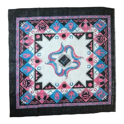 Vintage Southwestern Print Black Pink Blue Cotton Bandana Pocket Square