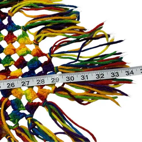 Vintage Handmade Crochet Rainbow Multicolor Open Knit Shoulder Shawl Fringe Blue Size one size