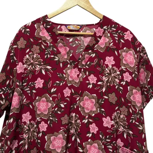 Silky Soft Scrubs Women Top XL Burgundy Pink Floral Microfiber Workwear Uniform