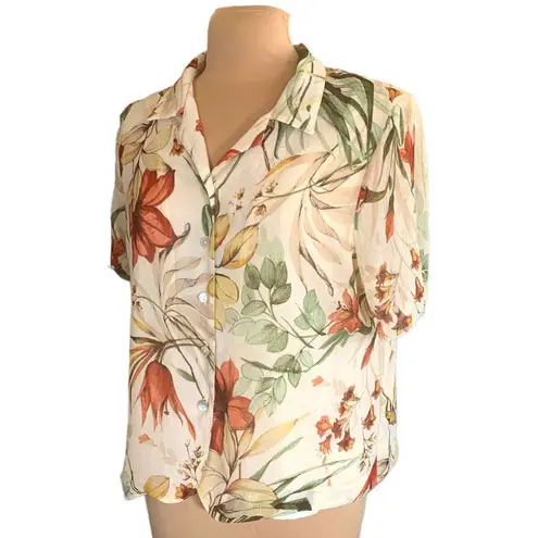 Alfred Dunner Vintage Top Short Sleeved Crinkled Fabric Tonal Tan Flower Detail