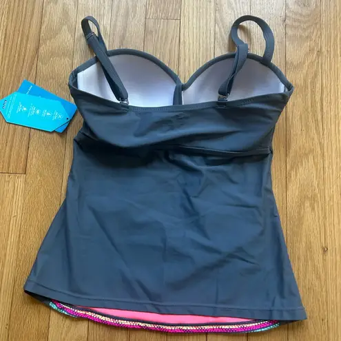 Free Country NWT Bandeau Grey/Pink Dot Stripes Padded Tankini Size Small