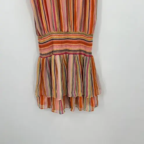 Ramy Brook Tobie Striped Smocked Waist Sleeveless Orange Silk Mini Dress Small