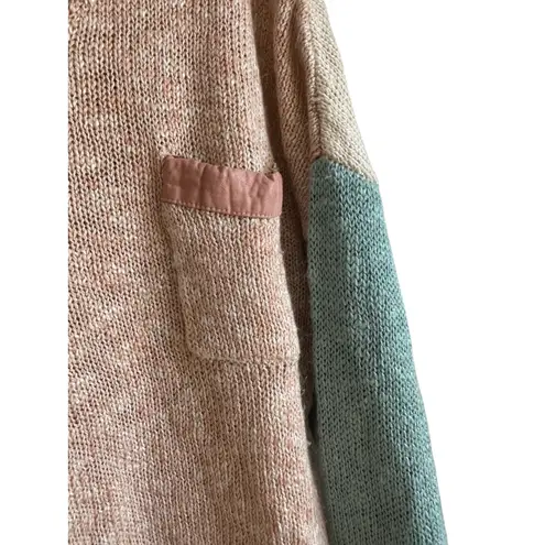 Fifty Street Colorblock Sweater Pink Teal Cream Knit Pocket Size L