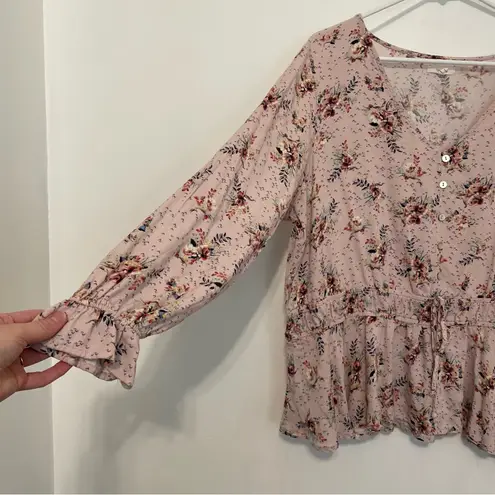 Maurice's 1 Plus Size Pink Floral Smock Waist Blouse Boho Long Sleeve Peasant Top