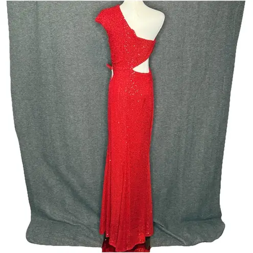 Mac Duggal Ieena for Red Sequin One Shoulder Cut Out Gown Size 2