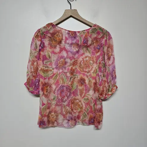 Johnny Was NWT Marcia Floral Pink Ruffle Silk Blouse Women Sz Large Missing Slip