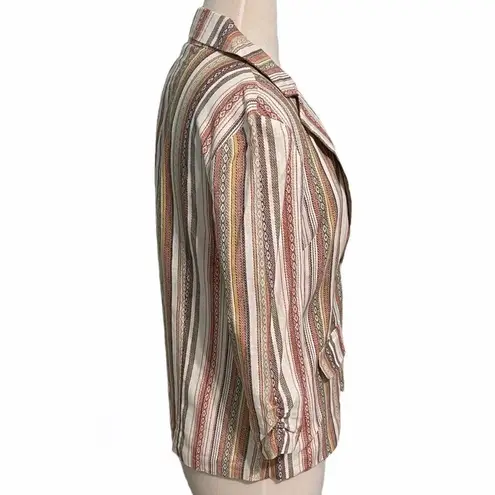 Soho Apparel Striped Linen One Button Ruched Sleeve Blazer White Orange Medium