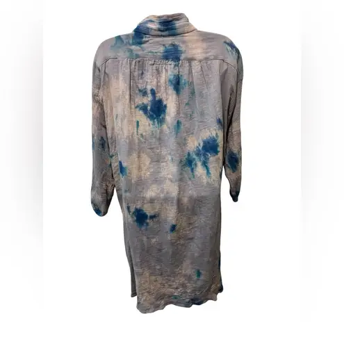 Kyla Seo Crinkle Cotton Long Tunic Dress Sz M Button Down Blue Tie Dye Pockets Size M